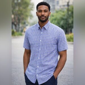 Ted Lapidus Paris Men's Blue and White Checkered Shirt Size M